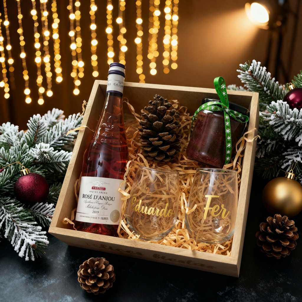 Caja de regalo corporativo navideña con vino rosé y copas personalizadas con logo de empresa