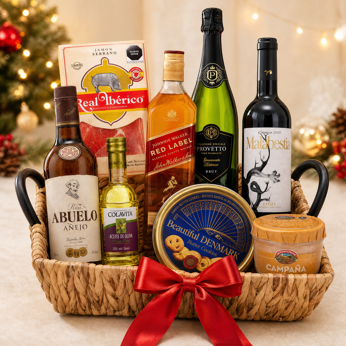 Canasta Navideña Gourmet "Selección Ejecutiva" – Ron, Vino Rioja y Jamón Ibérico