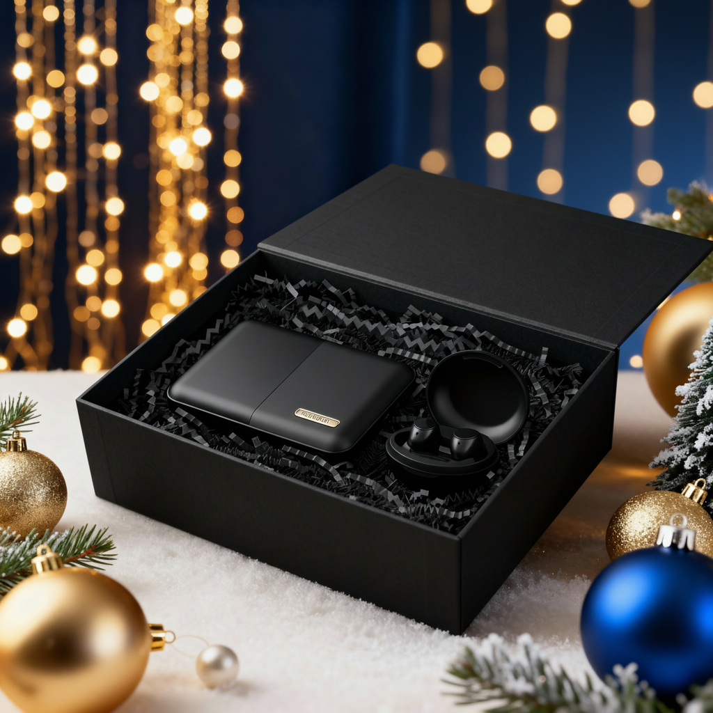 Set corporativo premium con power bank y audífonos inalámbricos, regalo ejecutivo de fin de año personalizado