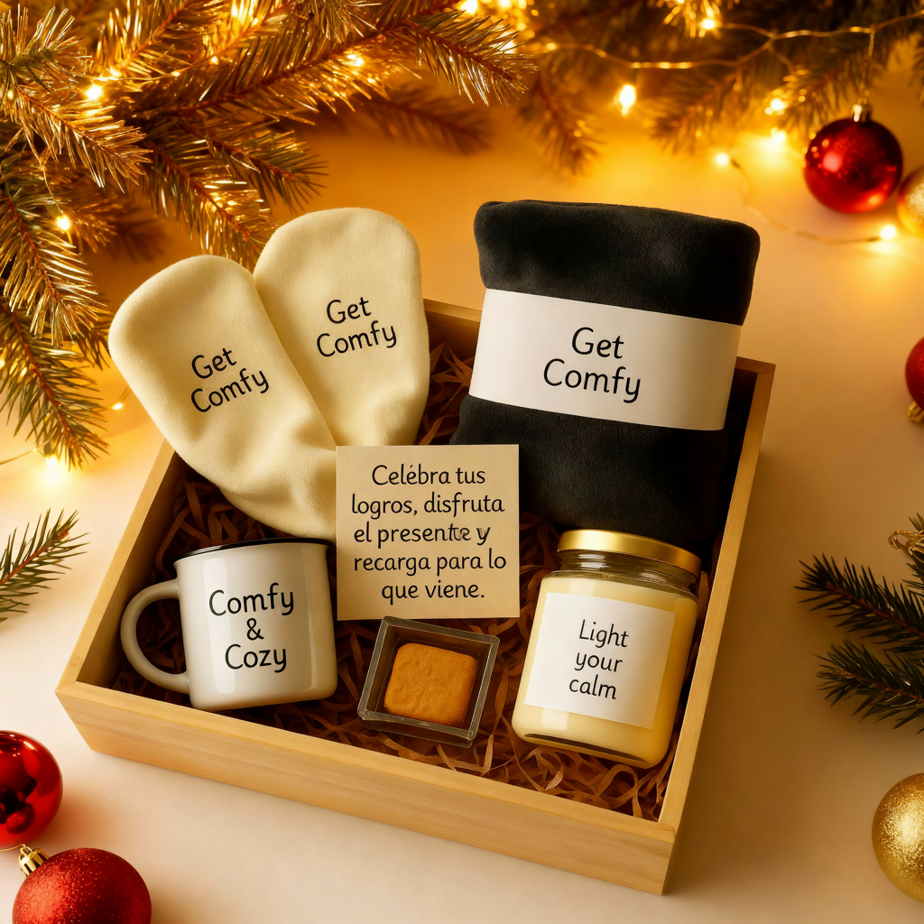 Caja navideña Descansa y Recarga con productos de bienestar, regalo corporativo de fin de año personalizado