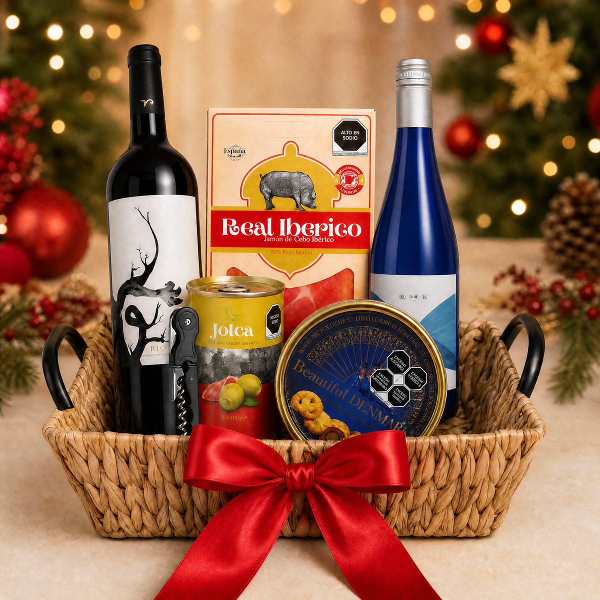 Canasta Navideña "Brindis Clásico" con Vino Tinto, Vino Blanco y Jamón Ibérico