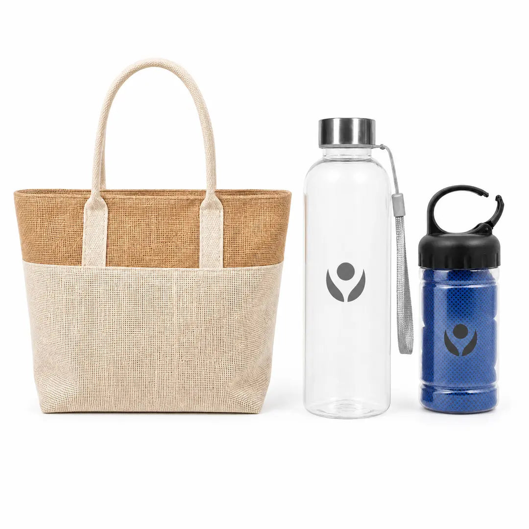 Kit Beach Refresh – Kit de Bienvenida Playero con Bolsa de Yute, Termo de Cristal y Toalla Enfriante