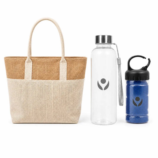 Kit Beach Refresh – Kit de Bienvenida Playero con Bolsa de Yute, Termo de Cristal y Toalla Enfriante
