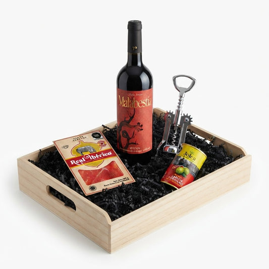 Charola Momento Gourmet con vino, jamón serrano y aceitunas, regalo corporativo navideño personalizado