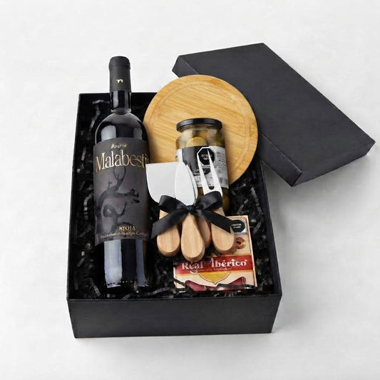 Canasta Reserva Ibérica con vino tinto Rioja y jamón serrano ibérico, regalo corporativo navideño personalizado