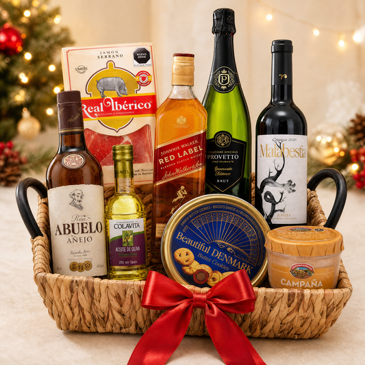 Canasta Navideña Gourmet "Selección Ejecutiva" – Ron, Vino Rioja y Jamón Ibérico