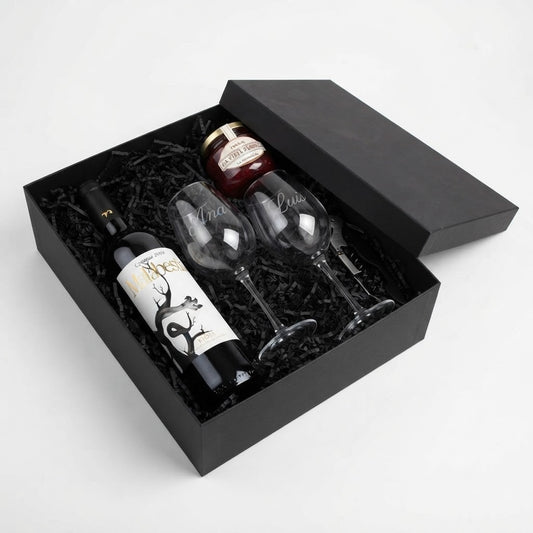 Canasta Rioja & Gourmet con vino tinto Rioja, copas y mermelada artesanal, regalo corporativo personalizado
